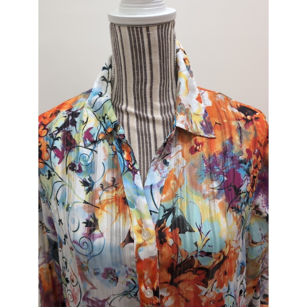 Chico's 2 or L Top NWOT Floral Sheer Lite Wgt Button Up Shirt Tab Sleeve Airy - Picture 2 of 10